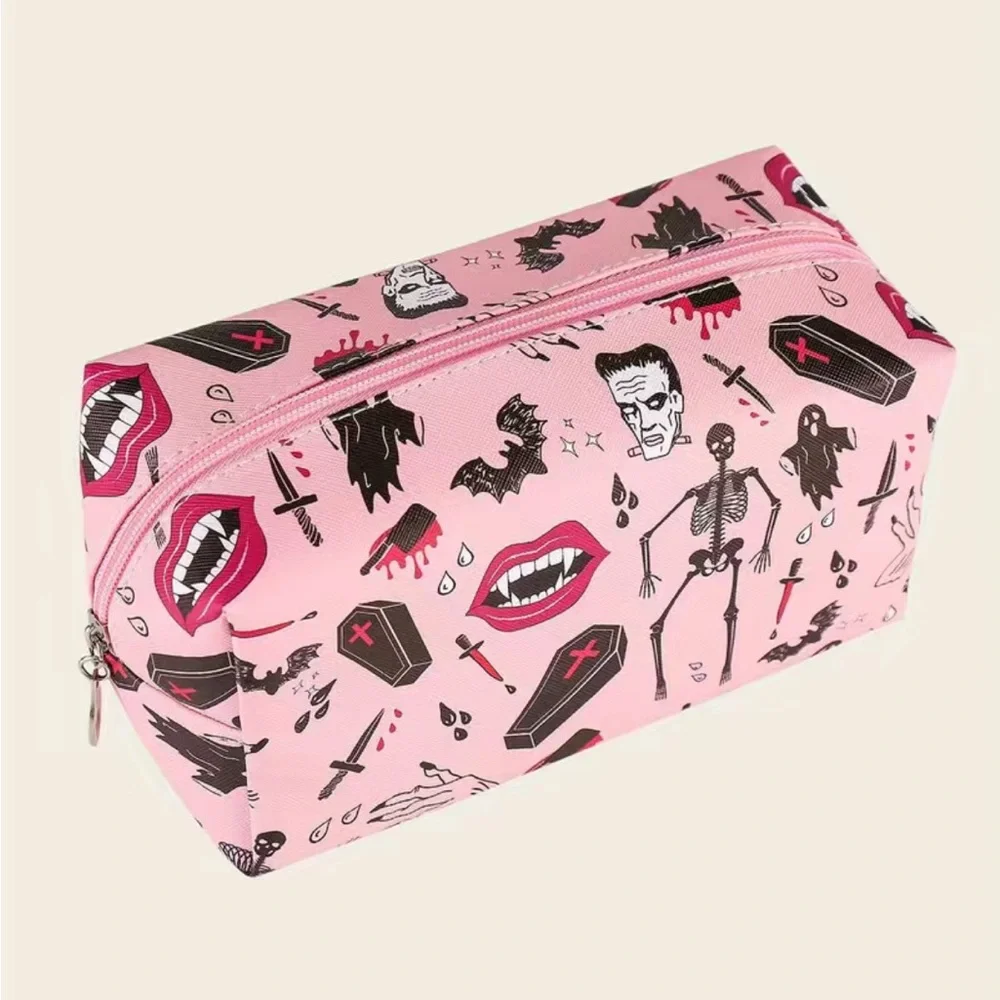 Halloween Pink Cosmetic Bag Goth Coffin Skeleton Dagger Fangs Ghoul Makeup - Picture 2 of 7